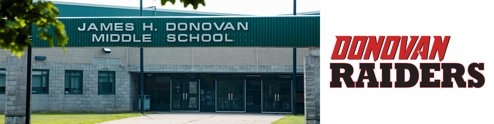 รูปภาพของอาคารโรงเรียน Donovan และโลโก้ Donovan Raiders