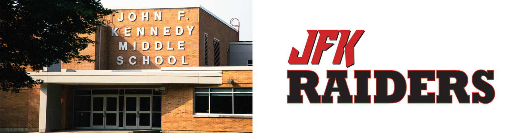 รูปภาพอาคารของโรงเรียน JFK และโลโก้ JFK Raiders